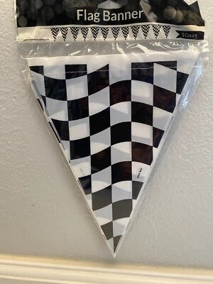 Black & White Check Race Car Flag Plastic Banner 11" x 12ft All-Weather - Image 1 of 2