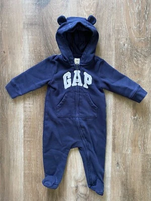 BABY GAP 海军蓝柔软衬里连帽连身裤带耳朵 ~ 3-6 个月 ~ 拉链 ~ l/s — 第 1/4 张图片