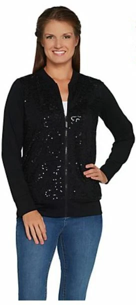 NWT QUACKER FACTORY $57 Sequin Swirl Bomber Jacket Black XXS W-A296582 - Image 1 of 1