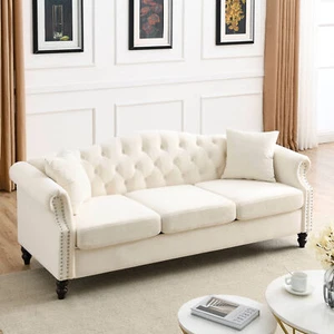 79" Chesterfield Velvet Sofa Upholstered Couch Button Tufted Rolled Arms Beige - Picture 1 of 11