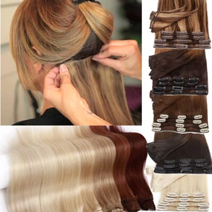 CLEARANCE Clip In Remy Human Hair Extensions Real Full Head 8 Pieces Long-Medium - Picture 1 of 37