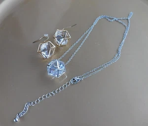Vintage 80's Caged Octagon Adjustable 21" Necklace & Pierced Dangle Earrings - Picture 1 of 11