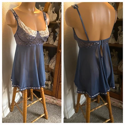 COQUETTE GREY STRETCHY MESH & PINK LACE TRIM BABYDOLL NIGHTGOWN SZ M - Image 1 of 4