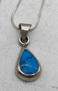 18” Sterling Silver 925 Snake Chain TURQUOISE TAXCO TEARDROP PENDANT Necklace - Picture 1 of 8