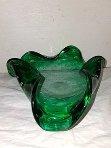 Plato de caramelo/baratija de colección Murano Bullicante arte italiano tripinched verde esmeralda - Imagen 1 de 12