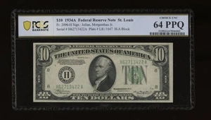 DBR 1934-A $10 FRN St. Louis Fr. 2006-H PCGS-B 64 PPQ Serial H62713422A - Picture 1 of 2