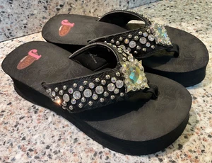 JUSTIN WOMEN’S PLATFORM WEDGE FLIP FLOPS SIZE 7 BLACK RHINESTONE SANDALS - Picture 1 of 12