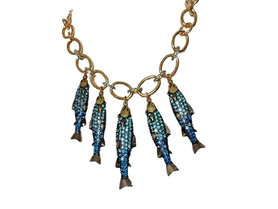 Betsey Johnson Mermaid Jewels Crystal Sardines Fish Charm Necklace Gold Tone New - Image 1 of 4