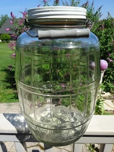 VTG Large Clear Glass Pickle Jar Barrel Style 13” w Lid & Blue Plastic Handle - Picture 1 of 9