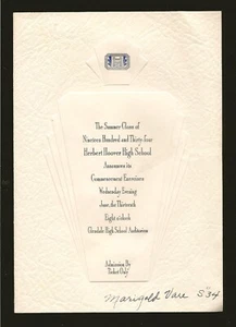 1934 Herbert Hoover High School Glendale Commencement Ticket 4-5/8x6-5/8 Inches - Picture 1 of 2