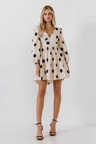 OFF WHITE Nuovo con etichetta! Mini abito beige basso alto a pois English Factory taglia M