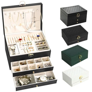 3 Layers Jewelry Box Organizer Large Capacity Ring Earring Necklace Storage Case - Picture 1 of 16