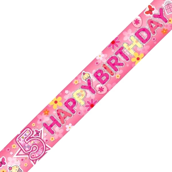 5TH BIRTHDAY BANNER - PINK age 5 GIRLS PARTY DECORATION cupcakes - FAST DISPATCH - Image 1 of 1