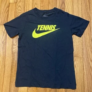 Nike Dri Fit Tennis Fuzzy Logo Kids Youth Small T-Shirt Black Neon Yellow - Picture 1 of 5