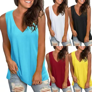 Women Summer Loose V Neck Sleeveless Vest Shirt Casual Tunic Tank Tops Blouse - Picture 1 of 17