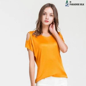 Kurzärmeliges kaltes Schulteroberteil aus natürlicher Seide Strick lockeres Shirt - Bild 1 von 7