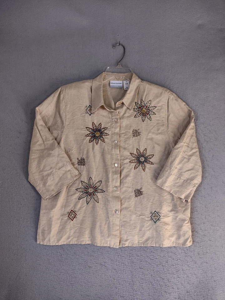 Top de mujer Alfred Dunner 18P pequeño marrón seda floral lentejuelas cuello abotonado Foto 1 de 4