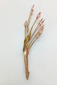 Vintage Gold Tone Brooch Pink Crystal Bead Spray Cattail VGC Retro - Picture 1 of 11
