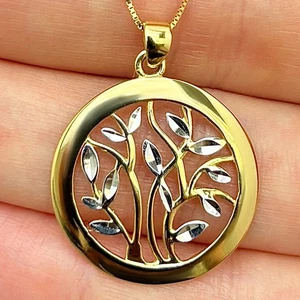 14K Gold Round Tree of Life Circle Pendant Box Chain 18" - Picture 1 of 7
