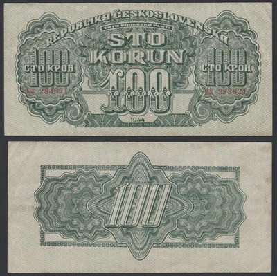 Czechoslovakia 100 korun 1944 Green 100 Front and Back P48 Prefix HX aVF+ - Image 1 of 4