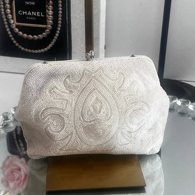 Vintage Elegant White Beaded clutch with small satin coin purse - Image 1 of 4