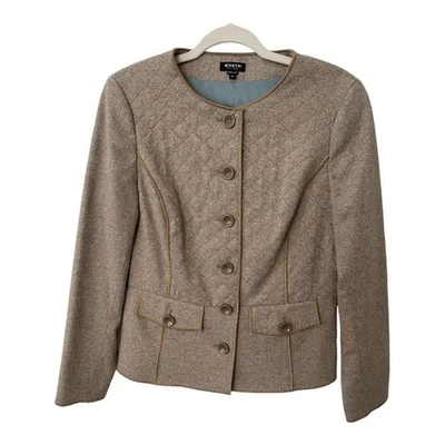 Chaqueta Blazer Worth Acolchada Botón Frontal Lana Mezcla Seda Marrón Mujer Talla 10 Foto 1 de 4
