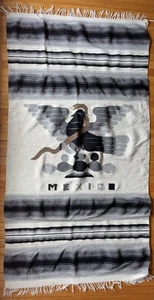 Vtg Mexican Woven Wool  Blanket Poncho Rug Thunderbird & Snake Striped Gray - Picture 1 of 2