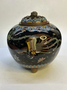 Antique Japanese Meiji cloisonné black Koro (incense burner) w/fabulous Phoenix - Picture 1 of 13