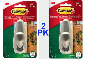 Command Outdoor Metal Hooks Large Brushed Nickel 2PK Adhesive 5lb each Silver - Picture 1 of 9
