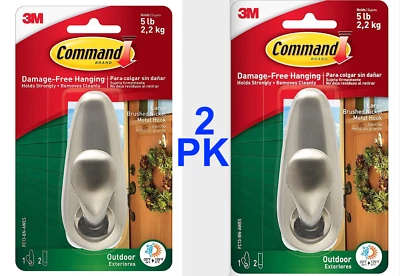 Command Outdoor Metal Hooks Large Brushed Nickel 2PK Adhesive 5lb each Silver - Image 1 of 4