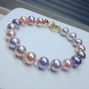AAAAA 7.5"10-11mm Natural real round south sea multicolor pearl bracelet 14K - Picture 1 of 10