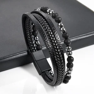 Men Bracelets-Braided Fashion PU Leather Magnetic Bracelet Bangle Wrap Wristband - Picture 1 of 21