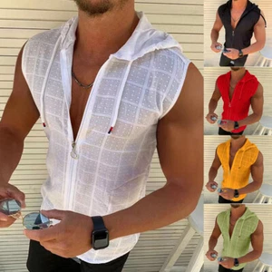 Herren ärmellos Training Hoodie einfarbiger Reißverschluss Weste Fitnessstudio Bodybuilding Kapuze Tank Top - Bild 1 von 17