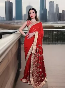Neuer Designer Chiffon Braut Sari In Rot - Bild 1 von 12