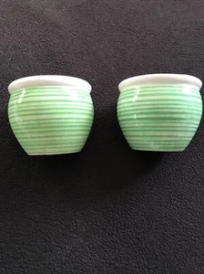 Ceramic Planter Set Of 2 Green and Beige Striped Flower Plant Pots Decorative - Picture 1 of 12