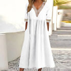Womens Cotton Linen Summer V-Neck Midi Dress Ladies Boho Loose Tunic Sundress Us