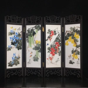 Vintage Chinese 4-panel Hand Painted on Stone Plate Landscapes Flowers Art Frame - Picture 1 of 11