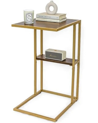 Gold Accent C-Shape Side Table with Wooden Surface Nightstand Bottom Shelf - Image 1 of 4