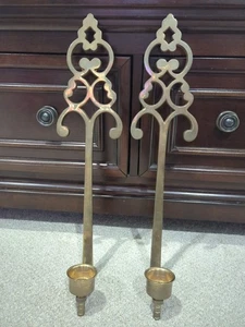 Vintage Brass Wall Sconce Pair of Ornate Scroll Candlestick Holders 20" Regency - Picture 1 of 7