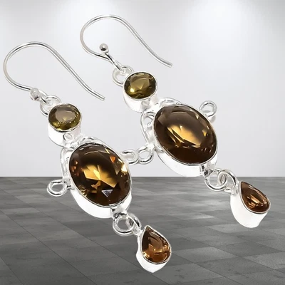 Brinco de prata esterlina 925 pedra preciosa topázio esfumaçado amantes da cor marrom 2,2" Z962 - Imagem 1 de 4