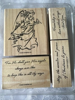 Juego de 4 estampillas de madera querubín cristiano de madera Stampin Up On Angel Wings 2004 retiradas Foto 1 de 3