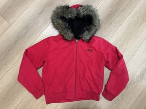 Stussy Women Red Hoodie Full Zip Lined Jacket Faux Fur Removable Size L - Picture 1 of 17
