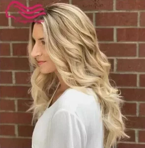 Real Human Hair New Fashion Long Natural Brown Mix Blond Wavy Women's Wigs 24 In - Picture 1 of 5