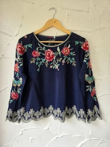 Johnny Was Size XS Embroidered Blouse Rayon Blue Floral Long Sleeve - Picture 1 of 9