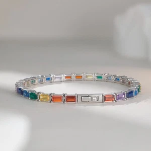 14K Multi Sapphire Emerald Cut Tennis Bracelet For Women Gift Anniversary Weddin - Picture 1 of 2