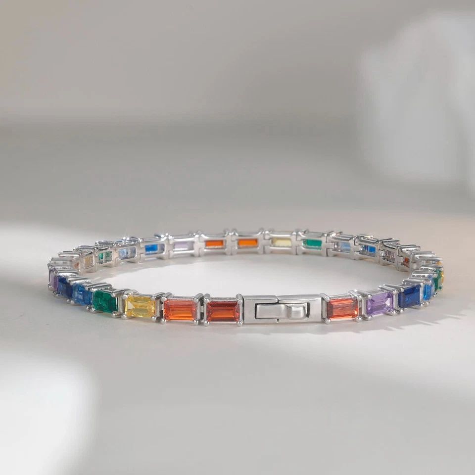 14K Multi Sapphire Emerald Cut Tennis Bracelet For Women Gift Anniversary Weddin Foto 1 de 1
