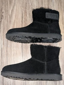 UGG Women's Mini Bailey Logo Strap Suede Boots Black Size 11 Shoes - Picture 1 of 16