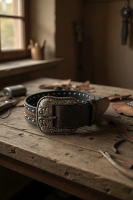 Cinturón mujer ARIAT 36 superposiciones de cuero marrón conchos cabeza de uñas tachuelas soporte de orificio  Foto 1 de 4