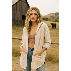 Free People Strand Creme Frottee Kapuze Wasserfall Strickjacke Pullover Gr. XS/S  - Bild 1 von 14