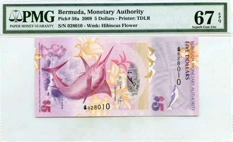 BERMUDA $5 DOLLARS 2009 MONETARY AGENCY PMG GEM UNC PICK # 58a VALUE $640 Cover